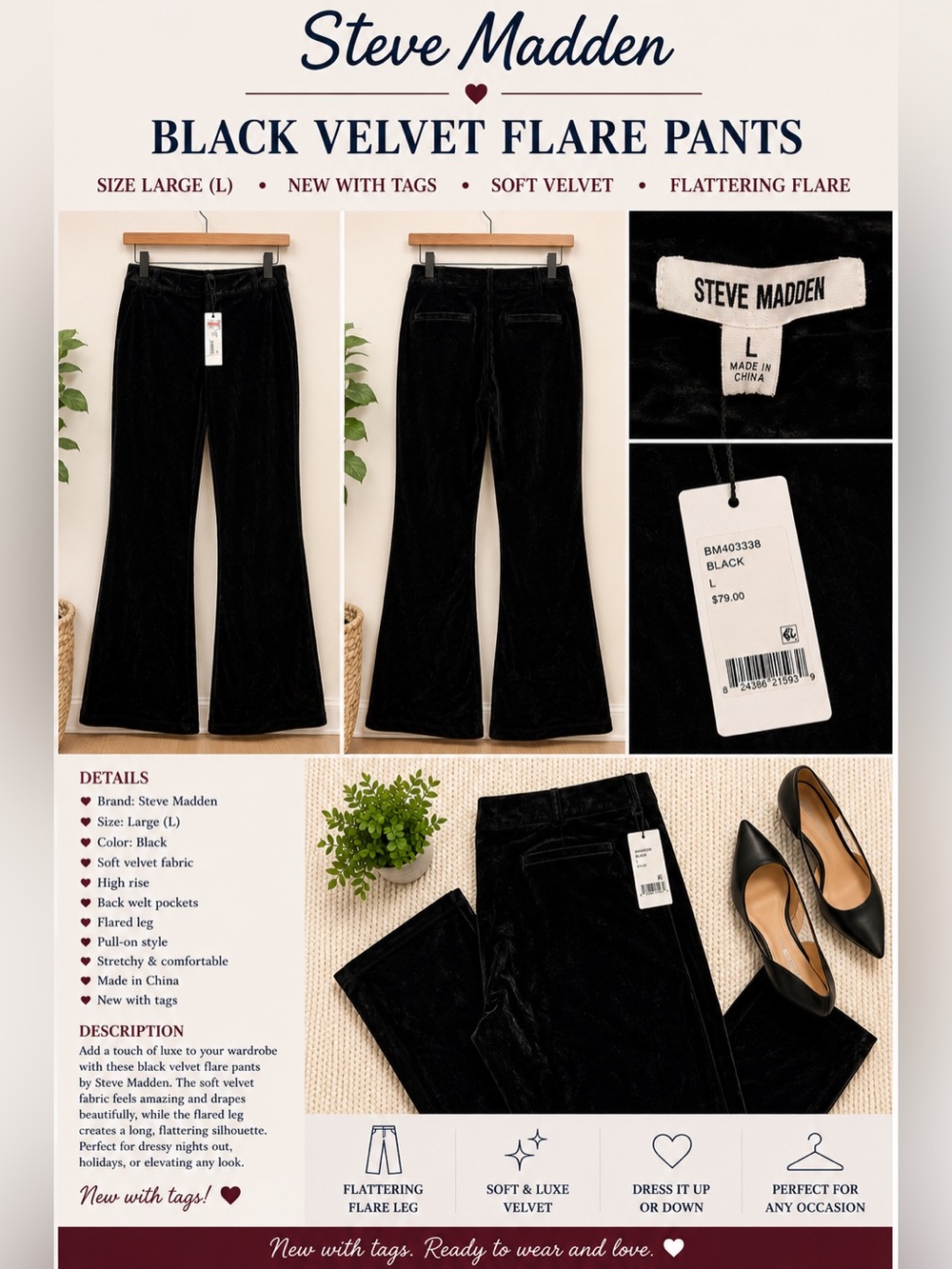 Steve Madden Black Velvet Flare Pants